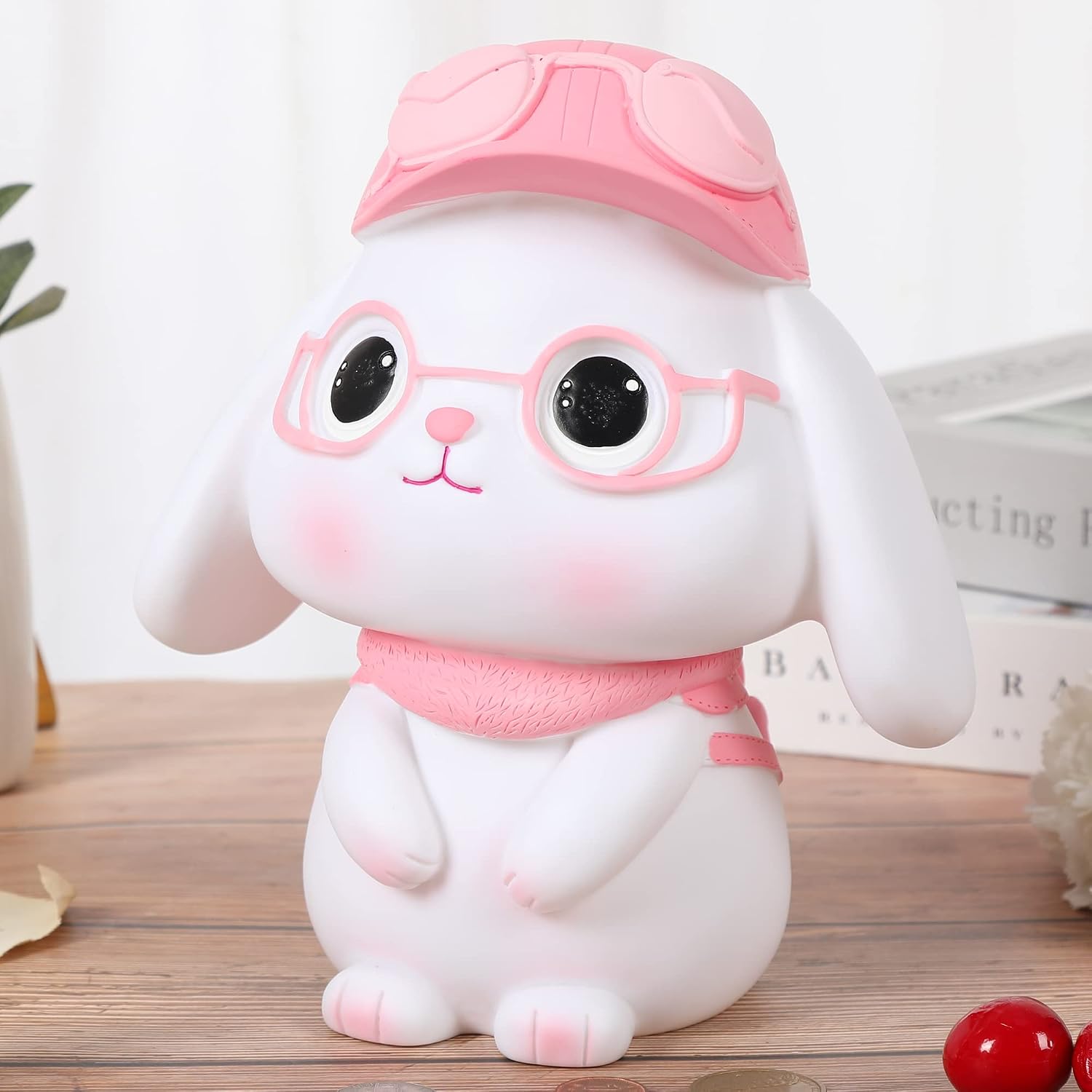 H&W Bunny with Glasses Coin Money Bank, Shatterproof Explorer Rabbit Piggy Bank, Creative Money Bank, Can Store 800 Coins, Best Bitrthday Gift (Pink)