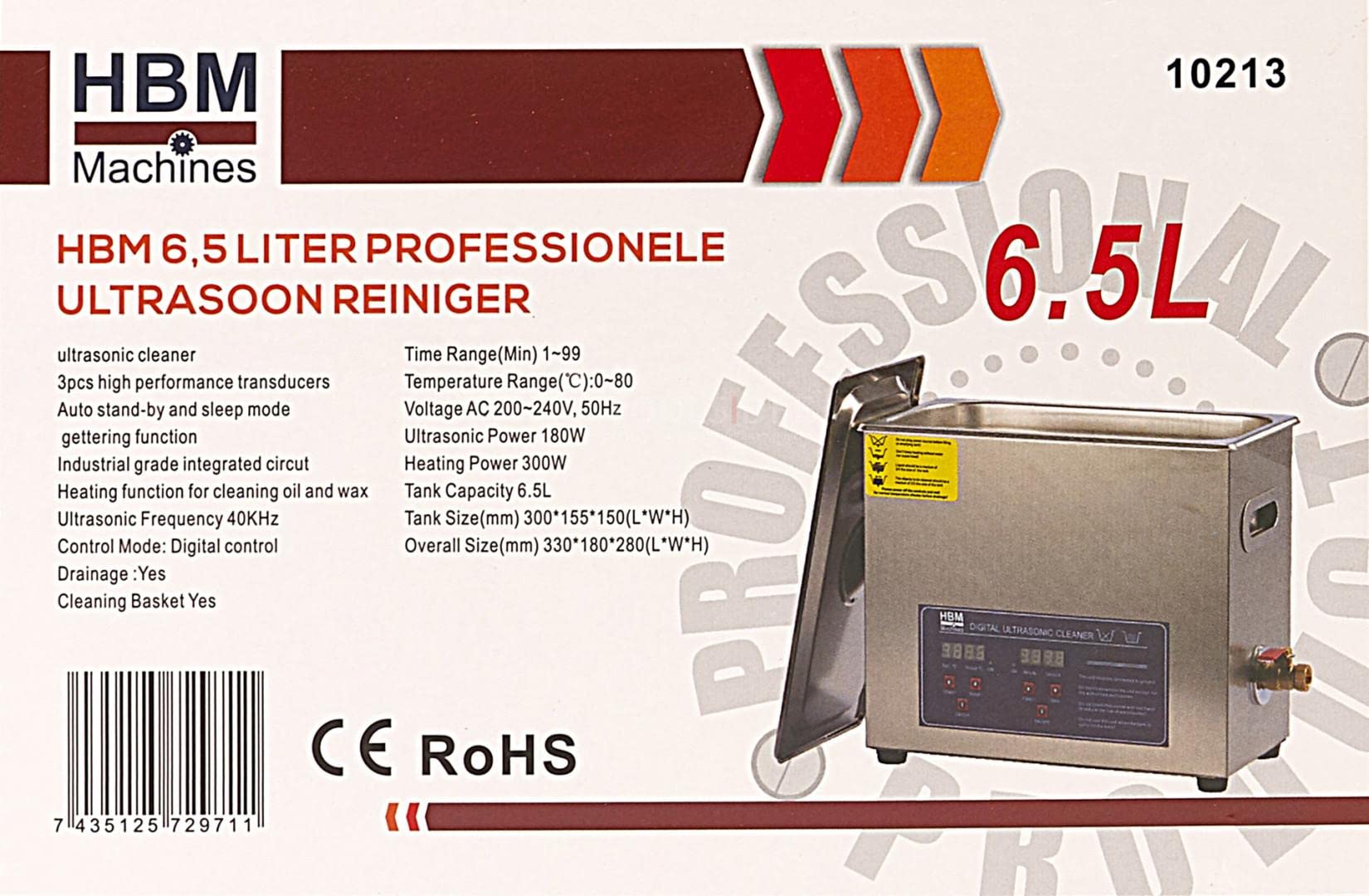 Detergente ad ultrasuoni professionale HBM da 6,5 litri