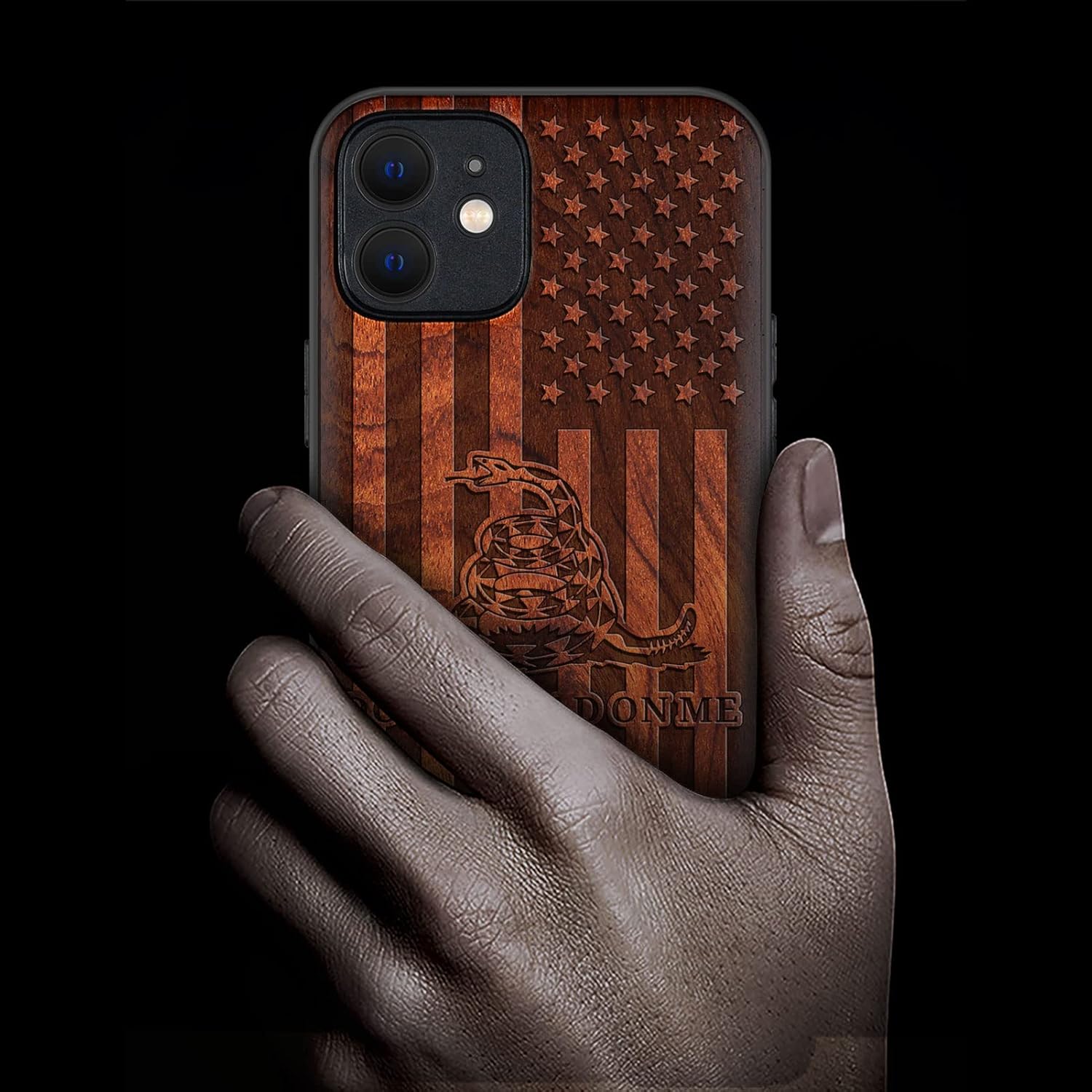 Carveit Magnetic Wood Case for iPhone 12 Case [Hard Real Wood & Soft TPU] Shockproof Protective Unique & Classy Wooden Cover Compatible with MagSafe (Gadsden and American Flag-Rosy)