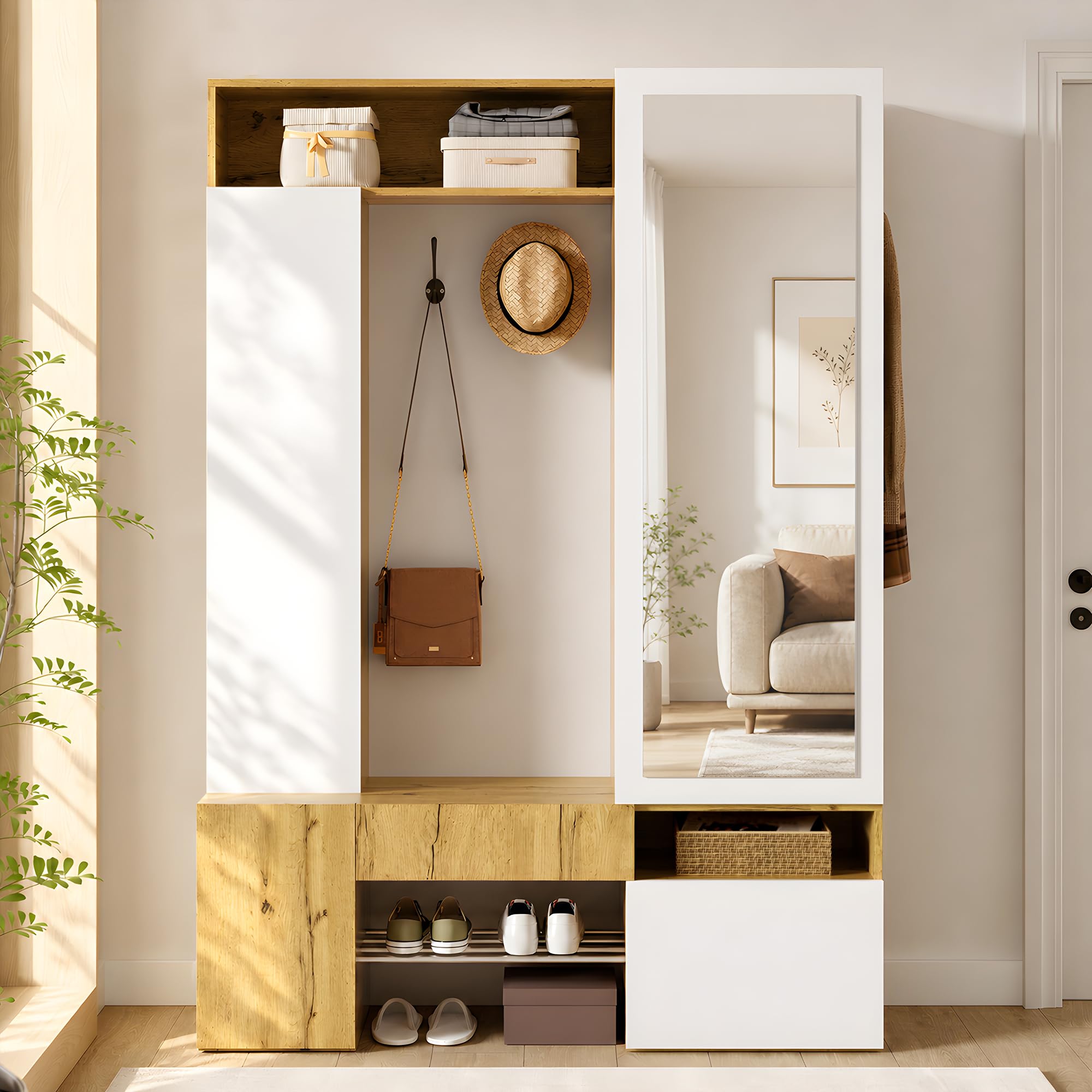 Perchero de madera MDF con espejo, color blanco natural