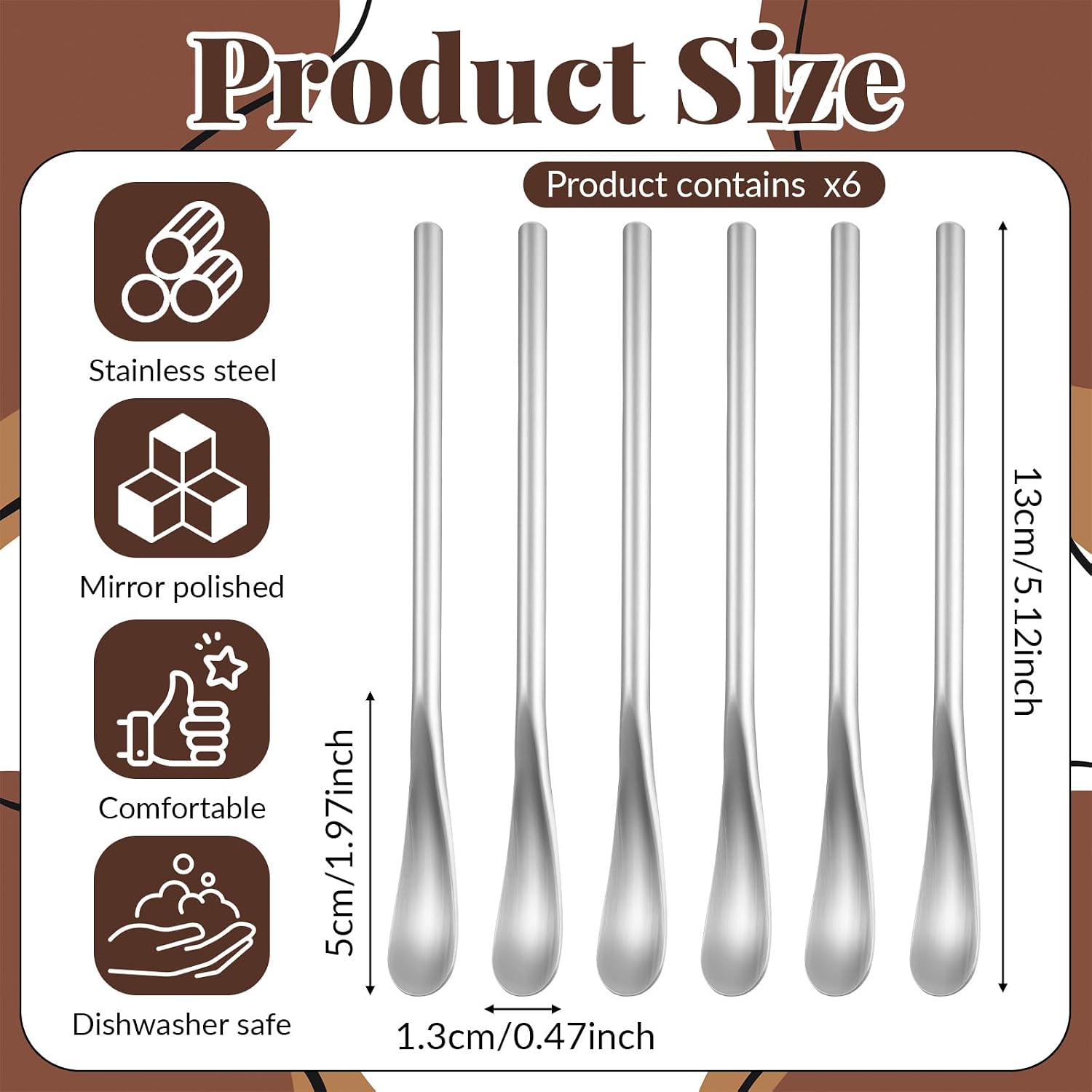 JJUNW 6 Pcs Coffee Stirrers, Stainless Steel Mini Stirring Spoons for Cocktail Drink Iced Tea Mixing, Tiny Salt Condiment Long Handle Bar Swizzle Stick