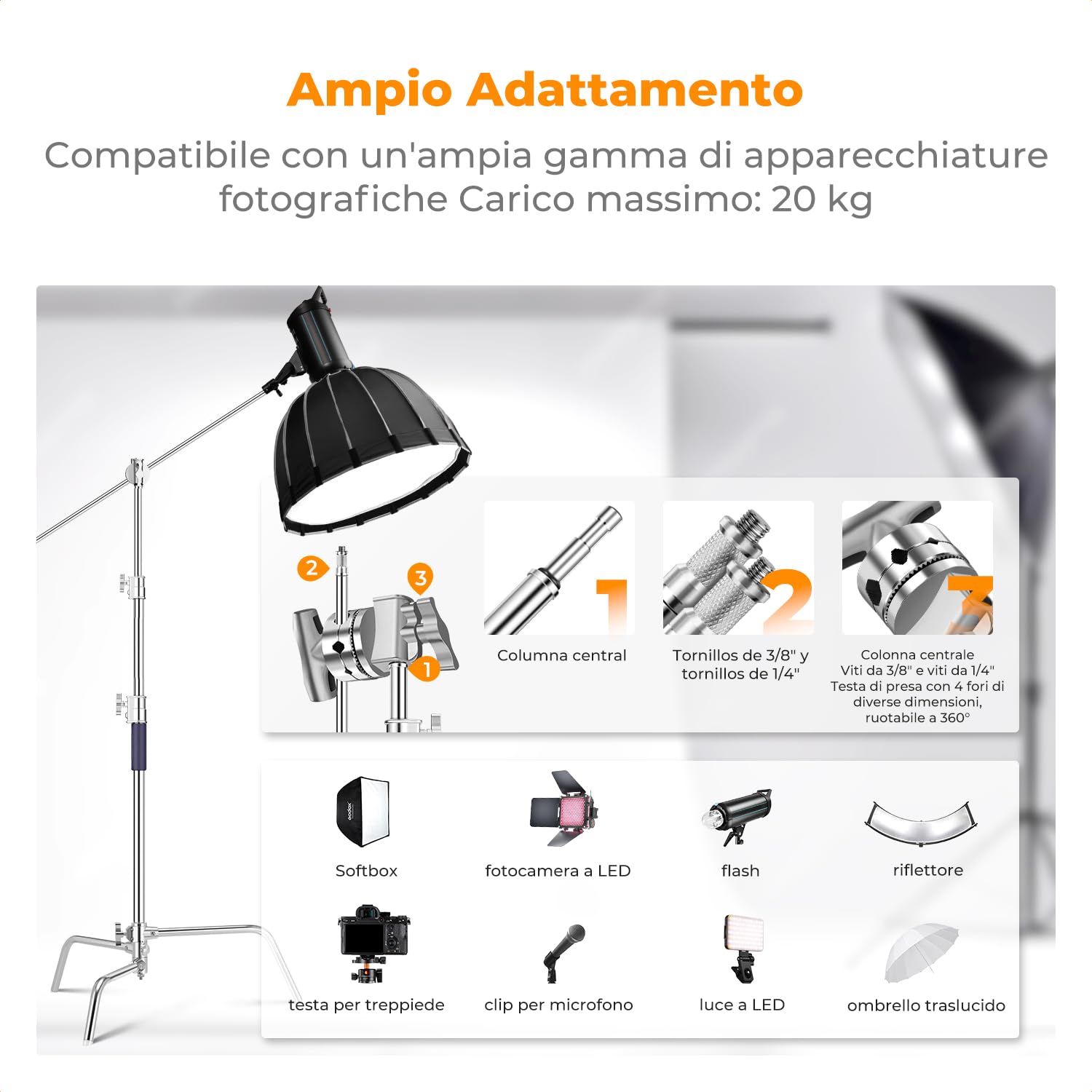 K&F CONCEPT 330CM Heavy Duty in acciaio inox C Stand con braccio a braccio, treppiede leggero per fotografia regolabile con braccio di supporto da 126 cm, 2 teste maniglia per studio, carico 20 kg