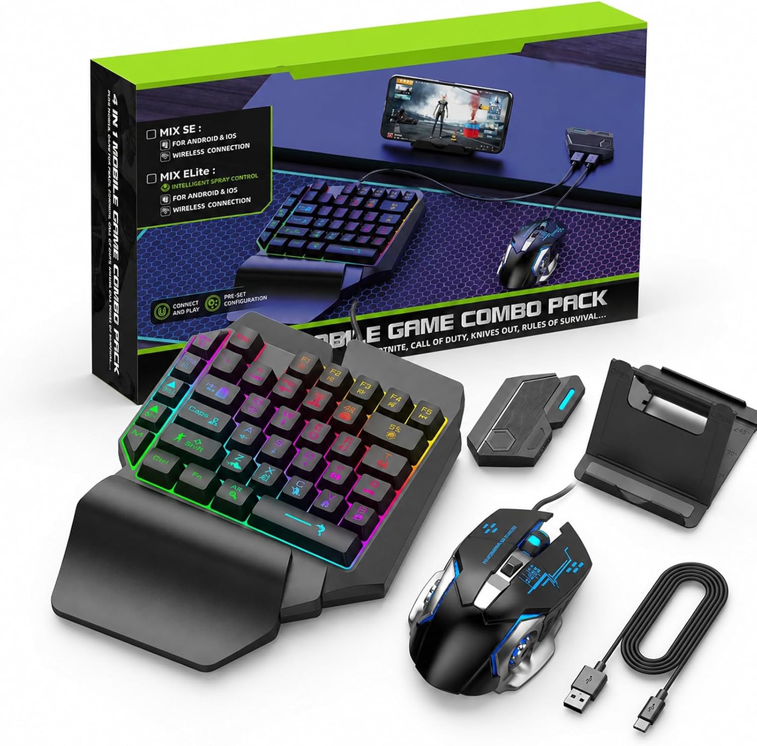 One Hand RGB Gaming Keyboard and Mouse Combo, Half Hand Gaming Keyboard Set, 4 in 1 Mobile Gaming Keyboard Set with Mouse Converter, Adjustable Phone Stand for PC