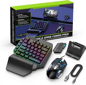 One Hand RGB Gaming Keyboard and Mouse Combo, Half Hand Gaming Keyboard Set, 4 in 1 Mobile Gaming Keyboard Set with Mouse Converter, Adjustable Phone Stand for PC