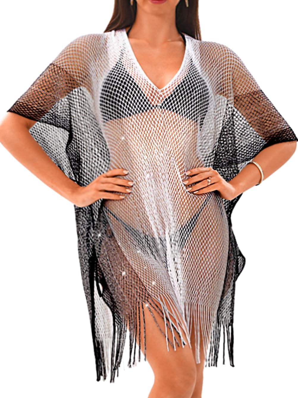 Kaei&Shi Sexy Sheer Gradient Swimsuit Coverup,Crochet Color Block Beach Dress,Fringe Bathing Suit Vacation Outfits for Women