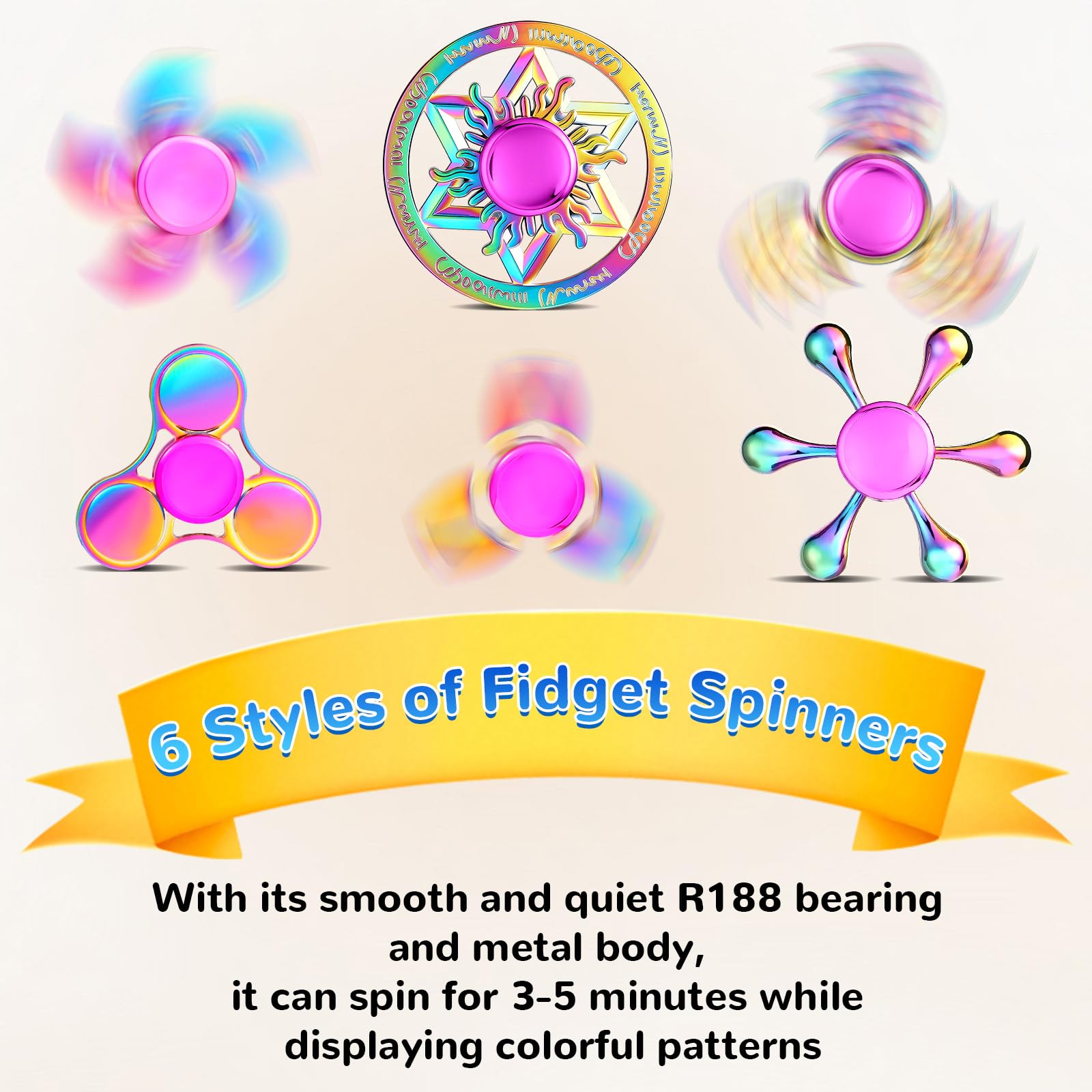 SCIONE 6 Pezzi Set di Fidget Spinner in Metallo – Giocattoli Sensoriali Lisci e Durevoli per Alleviare Stress e Ansia, Rotazione di 3-5 Minuti, per Bambini e Adulti (Colori Arcobaleno)