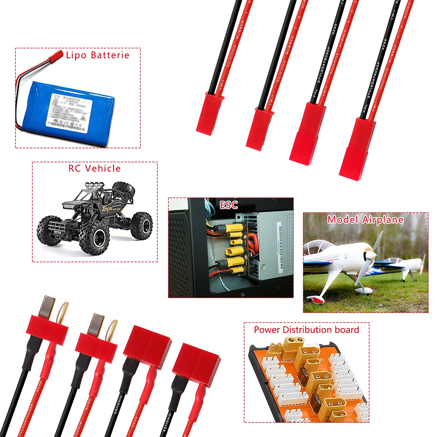 YIXISI 4 Sztuk Deans T do JST Adapter Kabla Wtykowego, Wtyczka JST do Złącza Wtykowego Deans T z 15cm Kablem Silikonowym 20AWG, do Pojazdów RC i Akumulatorów LiPo