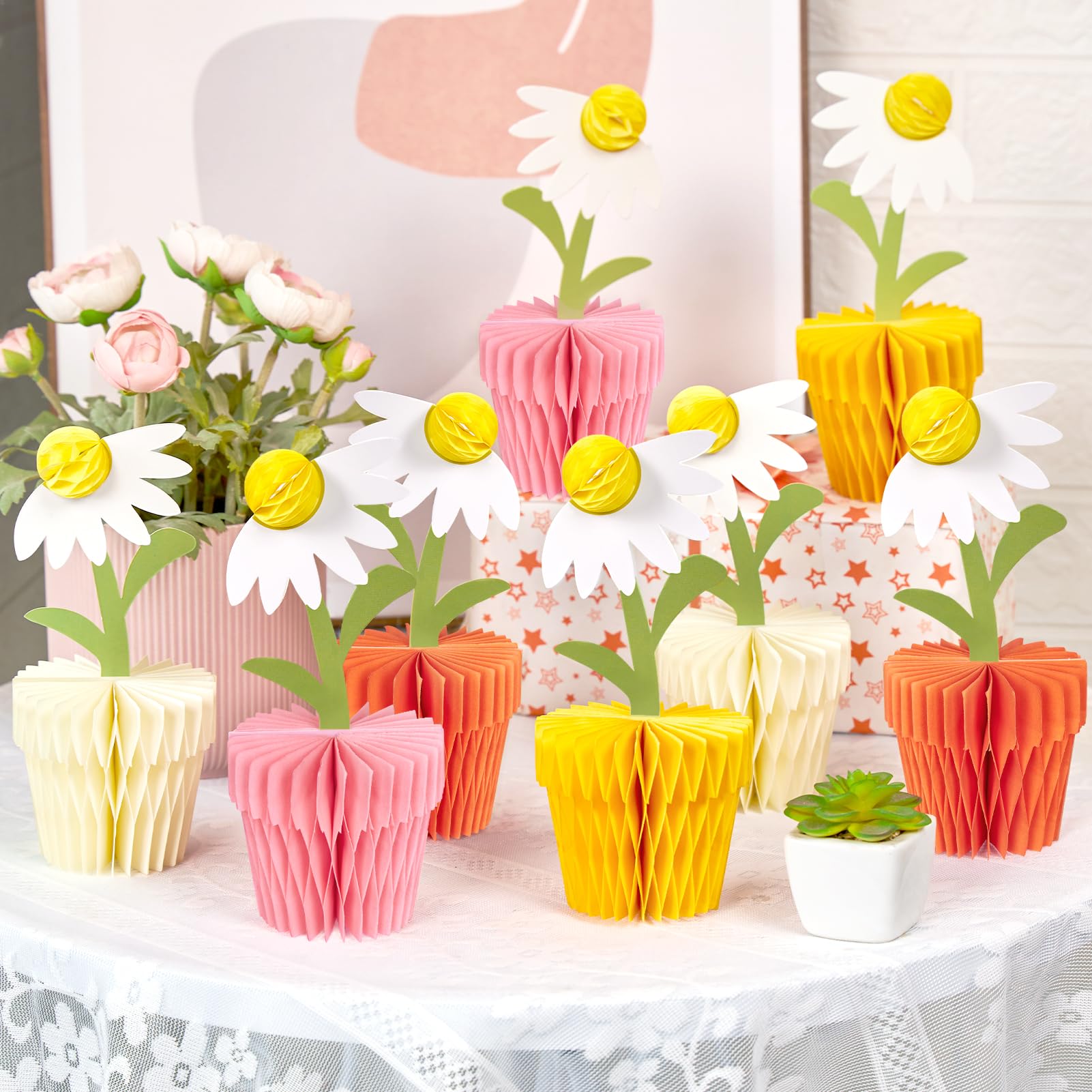 8PCS Daisy Honeycomb Centerpieces, Daisy Table Decorations, Daisy Flower Birthday Party Decorations for Home Office, Baby Shower, Wedding Spring Party Supplies(Orange Yellow)