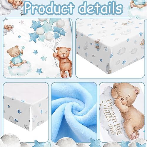 Miniatura 4 de Mixweer Juego de ropa de cama de 5 piezas con temática de oso de nube y calcomanías de pared, mini juego de edredón azul de género neutro para cuna,