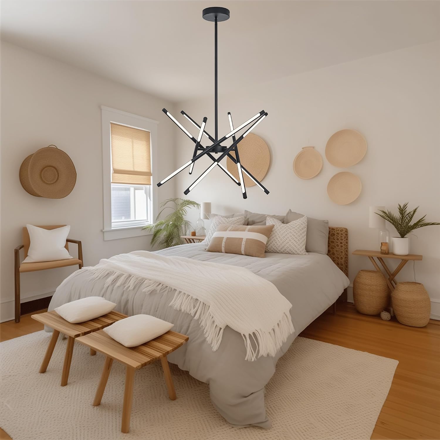 BONLICHT Modern Sputnik Chandelier Ceiling 48W LED 12 Light Black Pendant Lighting Embedded Mount Chandeliers Dining Room Light Fixtures 5CCT Dimmable for Living Room Kitchen Hallway Foyer Home Office