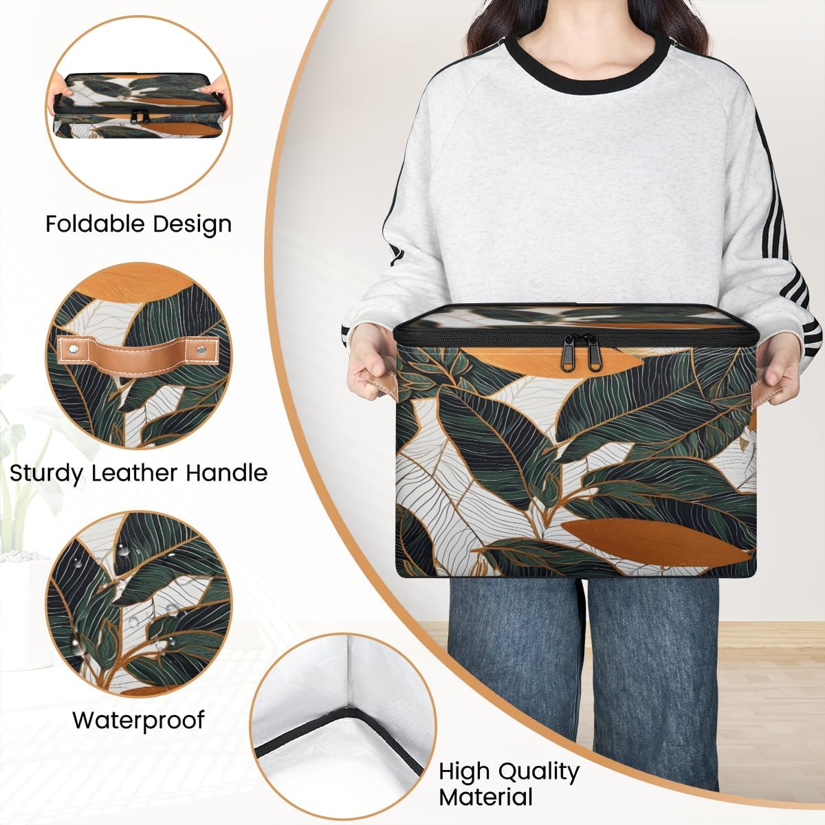 Storage Bin Set of 2 Abstract Art Leaf Storage Basket with Zipper Lid & Handle Foldable Closet Shelf 2 Pack Cloth Organizer Basket Cube Bins Clothes Organizer for Bedroom, Nursery