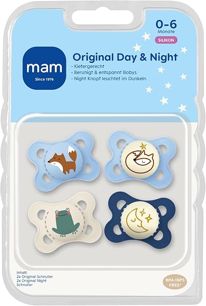 MAM Original Day & Night Matt Schnuller | 0-6 Monate | Schnuller für Neugeborene | 94% Akzeptanz | Babyschnuller beugt Zahnfehlstellungen vor | SkinSoft Silikon | Fuchs/Mond | 4 Stück - 2