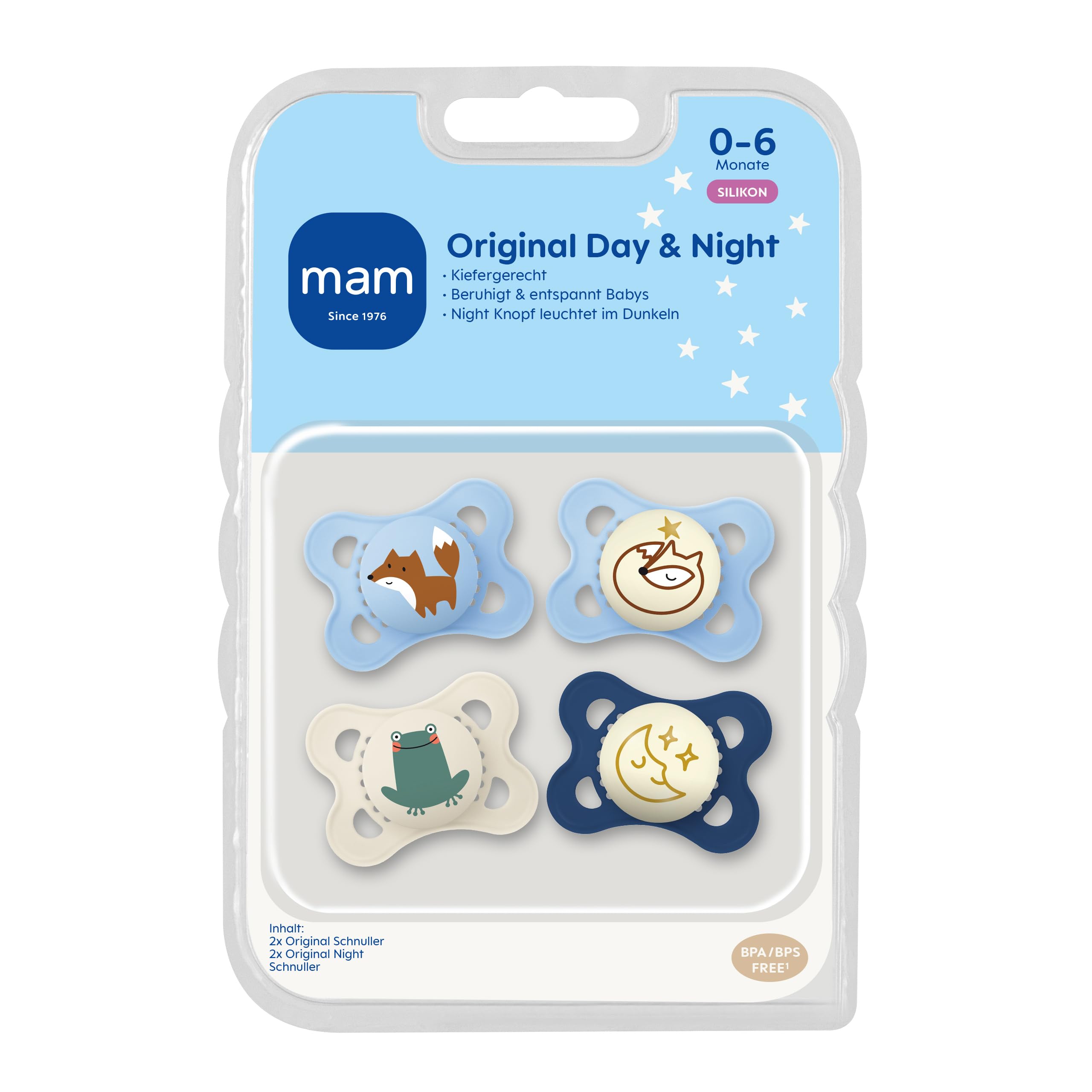 MAM Original Day & Night Matt Schnuller | 0-6 Monate | Schnuller für Neugeborene | 94% Akzeptanz | Babyschnuller beugt Zahnfehlstellungen vor | SkinSoft Silikon | Fuchs/Mond | 4 Stück - 3