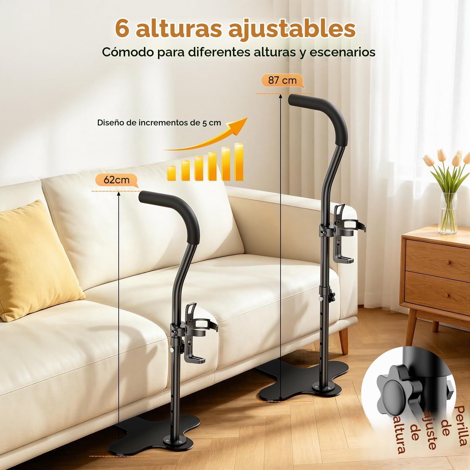 Ayuda para Levantarse del Sofá/Silla/Cama MAX 180 kg, Soporte para Levantarse Antideslizante con Portavasos, Barra de Ayuda con 6 Alturas Ajustables para Ancianos, Mayores, Discapacitados, Pacientes