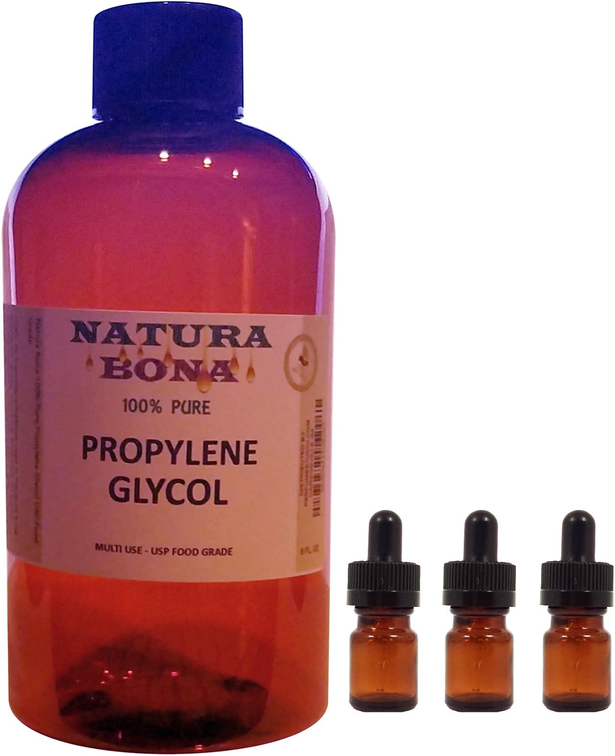 Propylene Glycol USP Grade. Excellent Solvent, Stabilizer. Use with essential oils, beauty, skin, detergents, shampoo; 8oz PET Bottle, 3 Empty 5ml Droppers