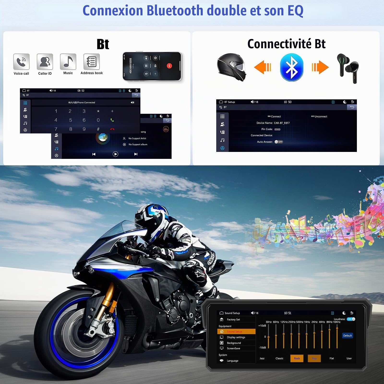 CAMECHO Carplay Moto 8.1 Pouces avec Android Auto, IP68 Waterproof, Ecran Carplay Moto avec Bluetooth Airplay Android Cast EQ Sound Large Adaptabilité +1600 * 600 HD