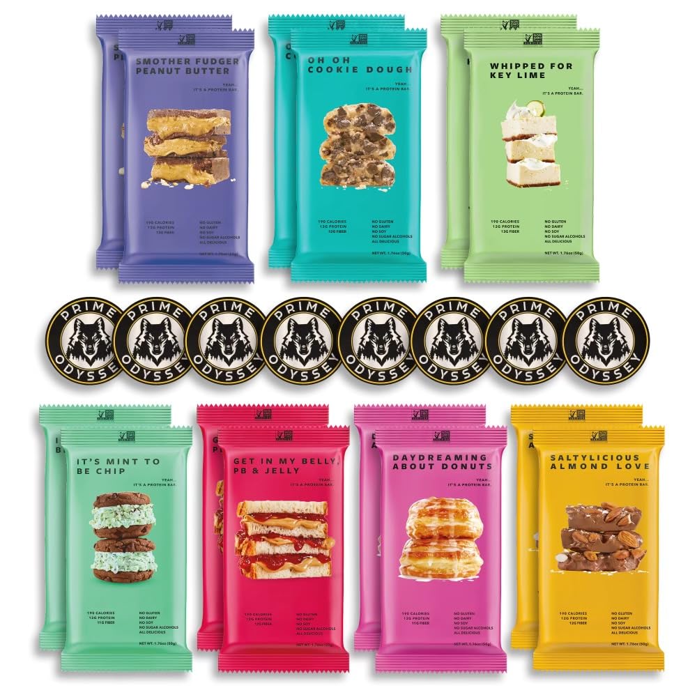 Protein Snack Bar Vegan Variety Pack | 14 Bars | peanut butter fudge, cookie dough, keylime, mint, peanut butter and jelly, donut, salty almond | Gluten Free, Plant Based, Dairy Free, Non GMO, 12G Protein, 12G Fiber, 23G Carb | 8 Prime Odyssey Sticker Pack