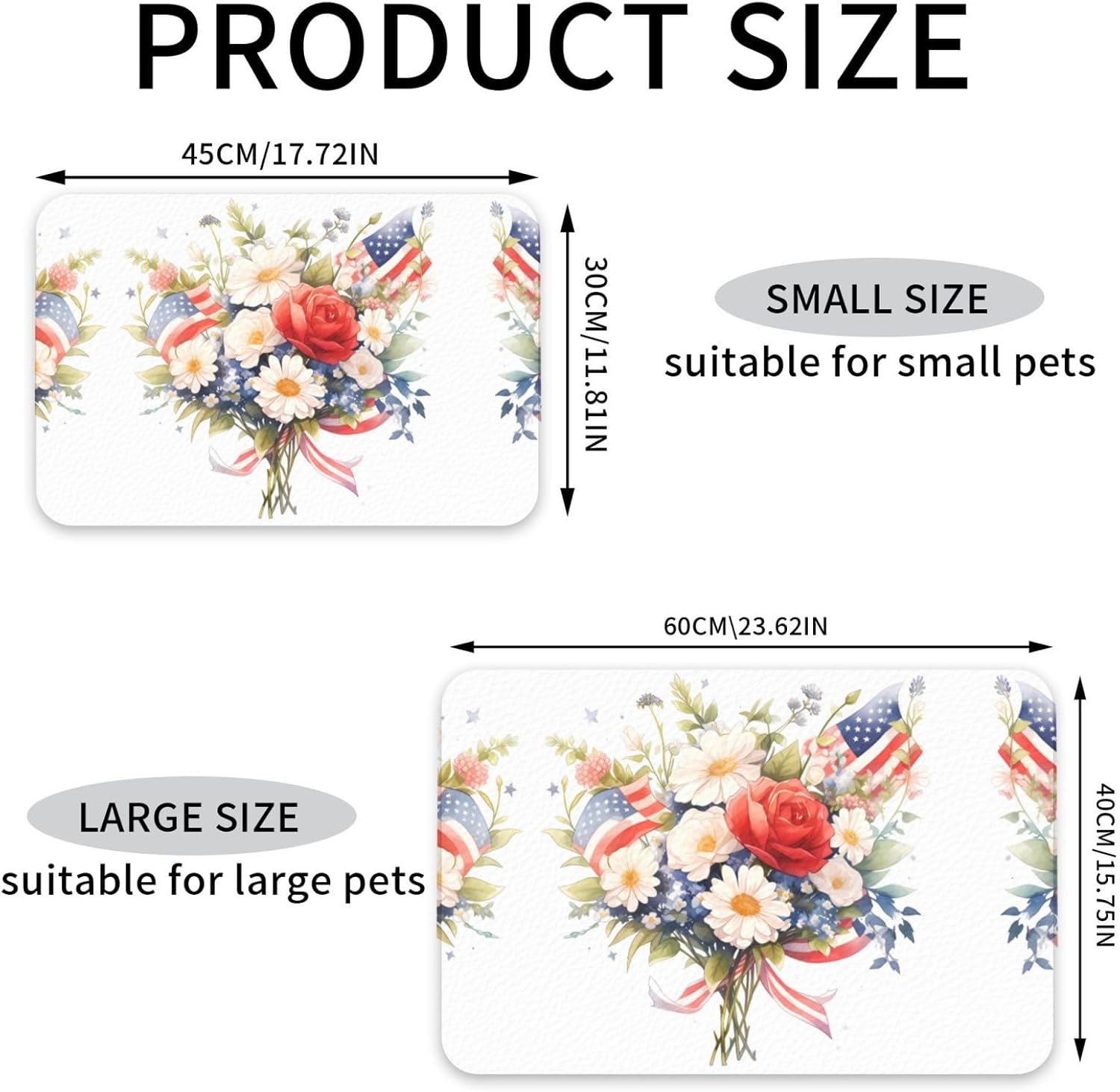 40x60cm Pet Absorbent Feeding Mat - Flags and Flowers Print Leather Non-Slip Placemat, for Dog Cat Food and Water Bowl Pads