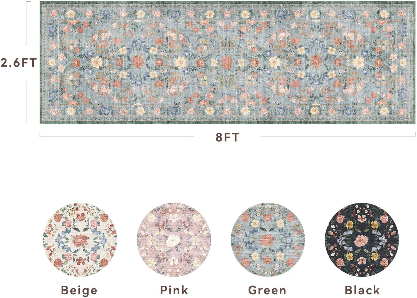 amoami vintage floral runners for hallways indoor, 2'6''x8' kitchen runner rug non slip machine washable entryway rug runner ultra soft boho carpet runner for hallway kitchen bedside entryway, green green 2'6''x8'