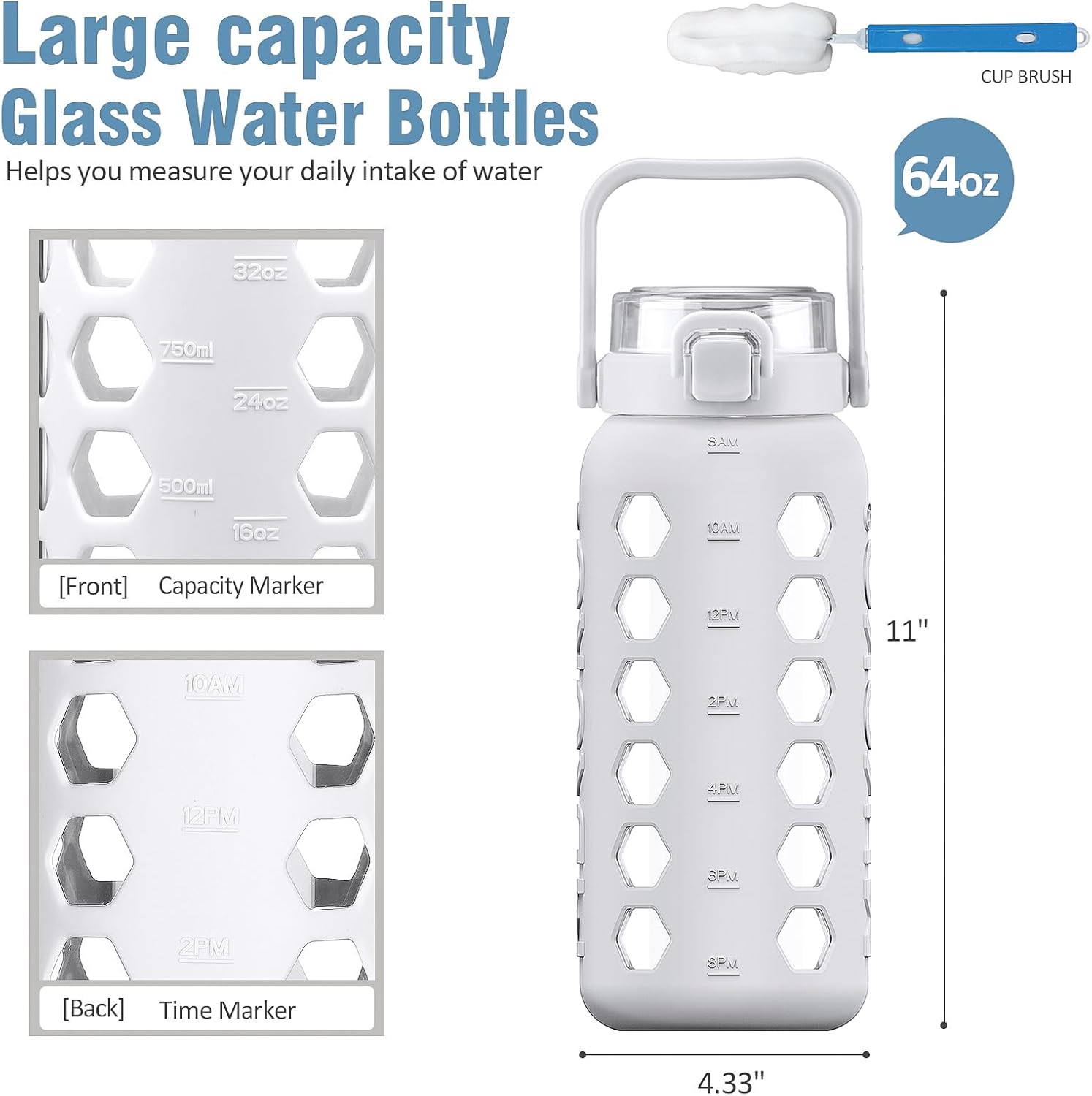 MUKOKO Half Gallon/64 oz Glass Water Bottles with Straw and Lid,Motivational Water Jug with Time Marker Reminder and Silicone Sleeve,100% Leakproof BPA Free Fitness Sports Large Bottle-White - Image 2