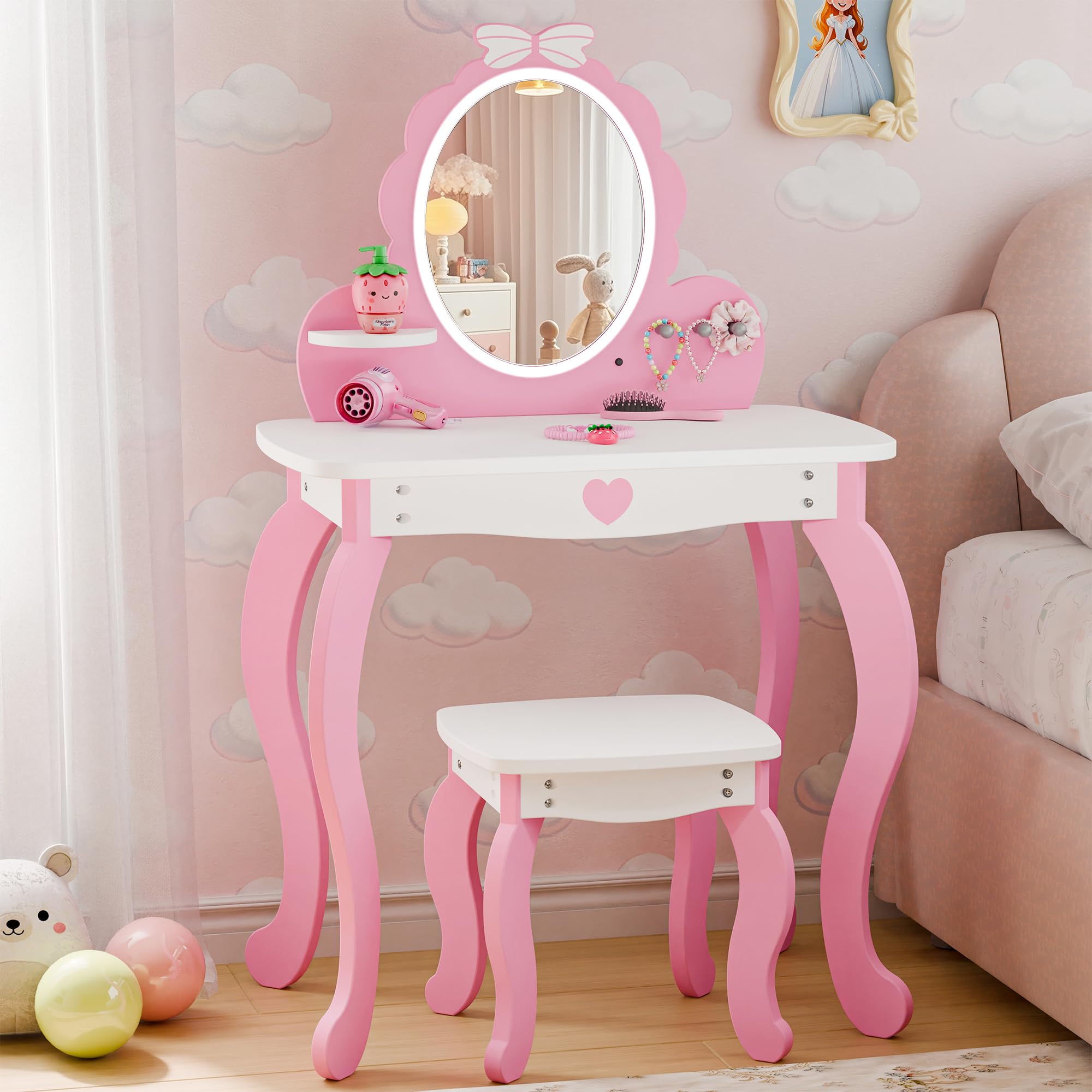 TOLEAD Girls Vanity Set with Lighted Mirror and Stool, Kids Vanity with Storage Space and Bow Pattern for Princess, Toddler Makeup Vanity Desk with Open Shelf and Bracelet Bods, Pink