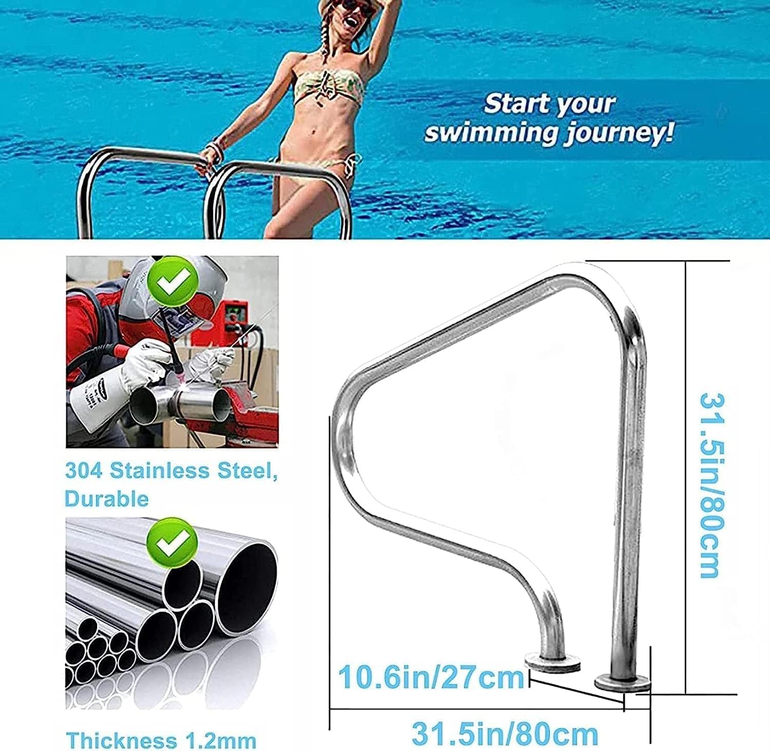 Swimming Pool Safety Hand Rail 80x80x27cm Stainless Steel Pool Hand Rail, Easy to Install Swimming Pool Hand Rails for Inground Swimming Pools-Universal Size (Thick 1mm)