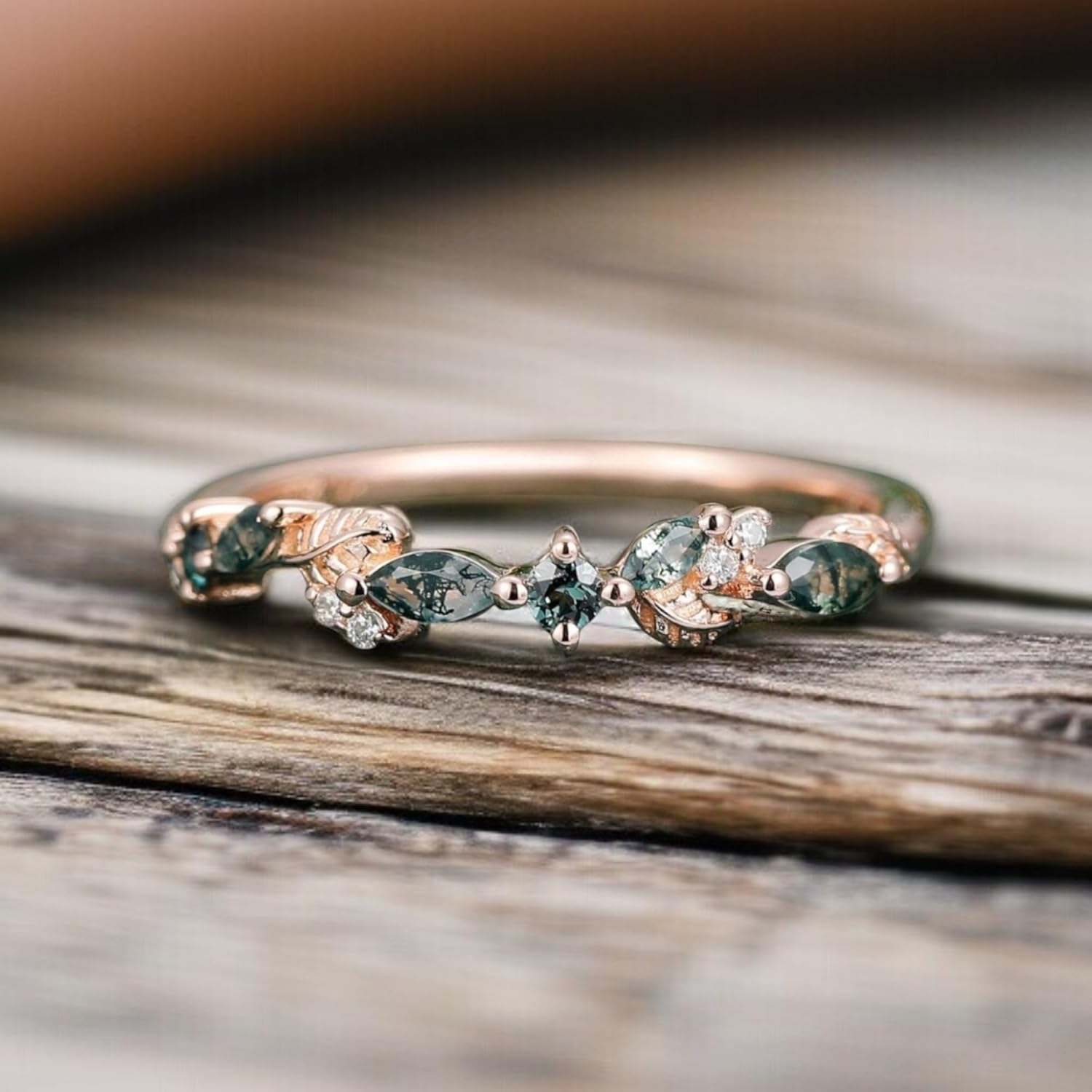 Moss Agate wedding Stacking Band 14K Rose Gold Plated Half Eternity Tiny Dainty Ring Natural Gemstone Ring Delicate Moss Agate Promise Ring For Her