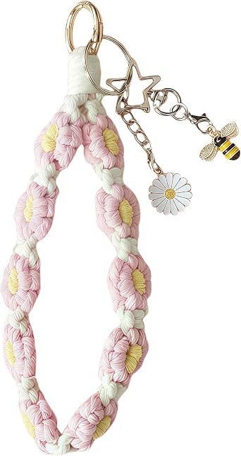 Wristlet Flower Keychain,Boho Macrame Crochet Keyring Wrist Handmade Lanyard,Cute Bracelet,Daisy Bee Charm For Gift