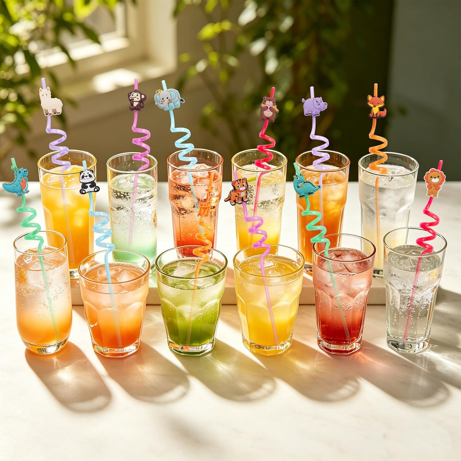 12 Pcs Kids Drinking Straws Plastic Spiral Straws with Cleaning Brush, Reusable Straw for Kids, Party Accessories, Cocktails (Animal) image 5