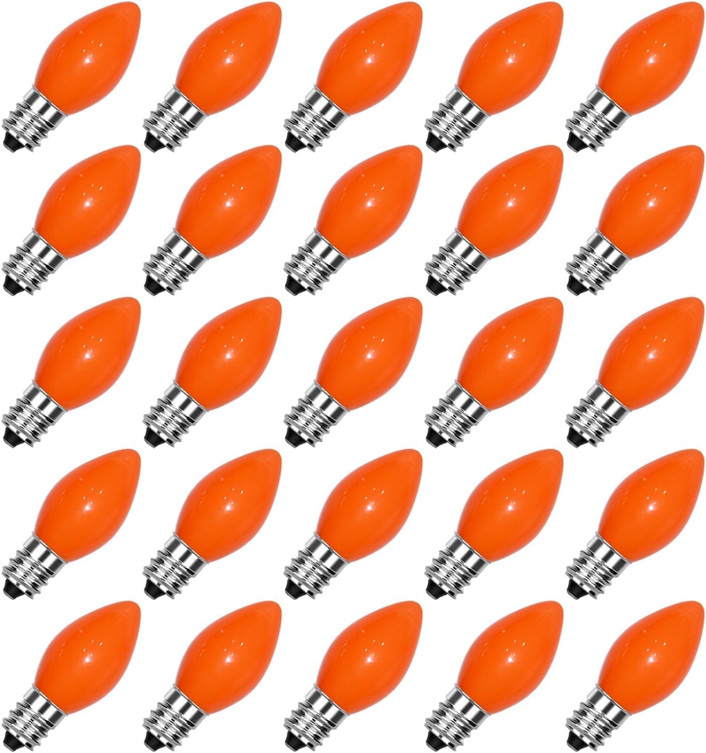 25 Pack C7 Halloween Replacement Bulbs, Ceramic Orange Christmas Light Bulbs for Indoor/Outdoor String Lights, E12/C7 Candelabra Base, 5W Incandescent Night Light Bulbs