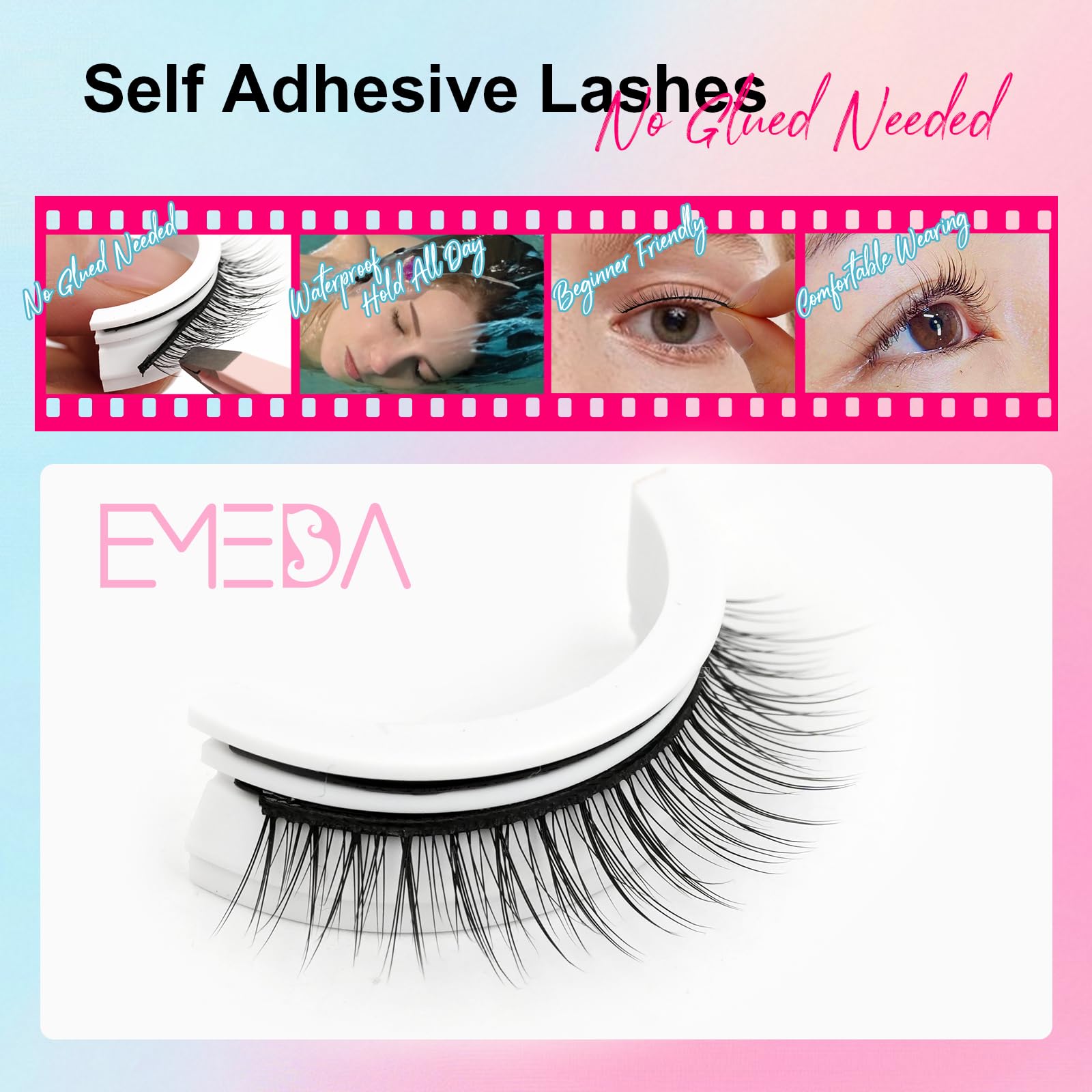 Self Adhesive Eyelashes No Glue Eyelashes False Lashes Glueless 10mm Natural Short Pre-glued Press on Lashes No Glue Needed Wispy Strip Lashes with Applicator by EMEDA(10mm L08 Black Adhesive)