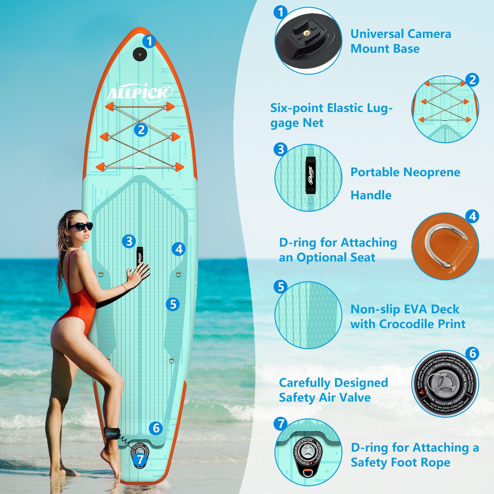 ALLPICK Sup Gonfiabile, Stand Up Paddle Board Gonfiabile, Con Supporto Universale per Fotocamera, Accessori Completi, Tavola da Sup Surf, Principianti e Avanzati, 150kg/180kg