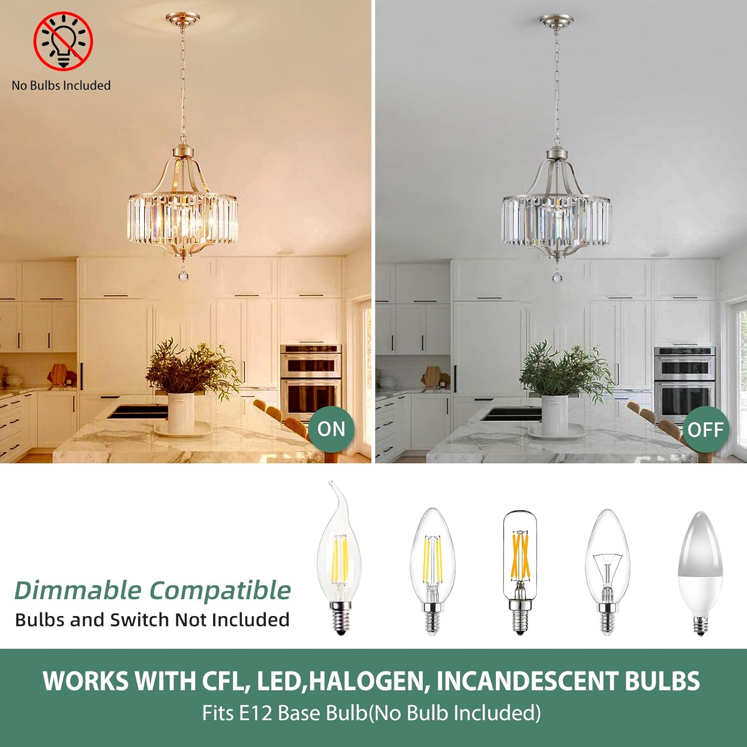 Crystal Chandelier - Modern Pendant Light - 15.7 Inch Diameter Height Adjustable Brushed Nickel Ceiling Light - Ideal for Dining Rooms, Kitchens, Living Rooms