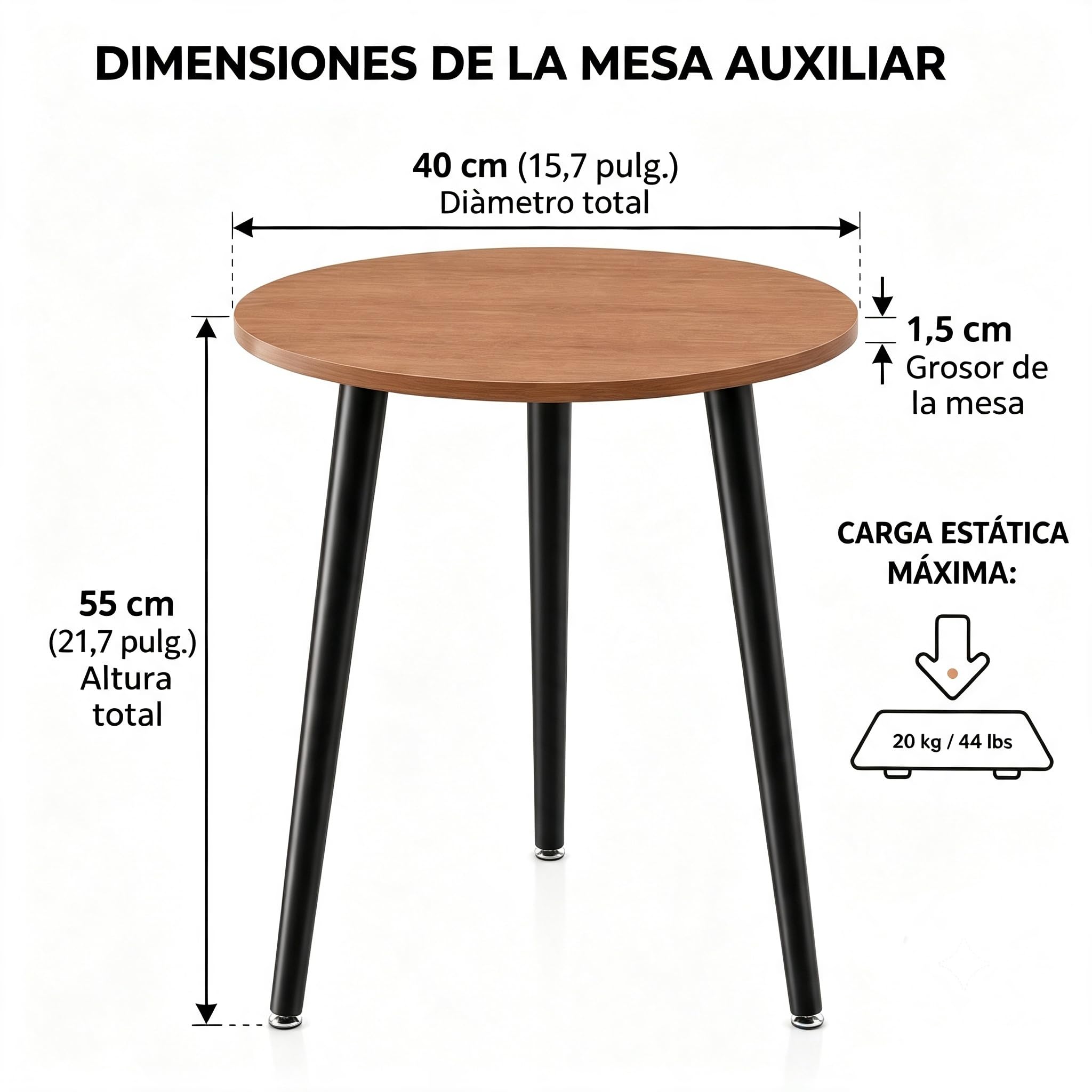 APICIZON Mesa auxiliar redonda de madera - Pequeña, fácil de montar, 42x42x51CM, estilo escandinavo, nogal para salón, dormitorio, balcón, cuarto de flores