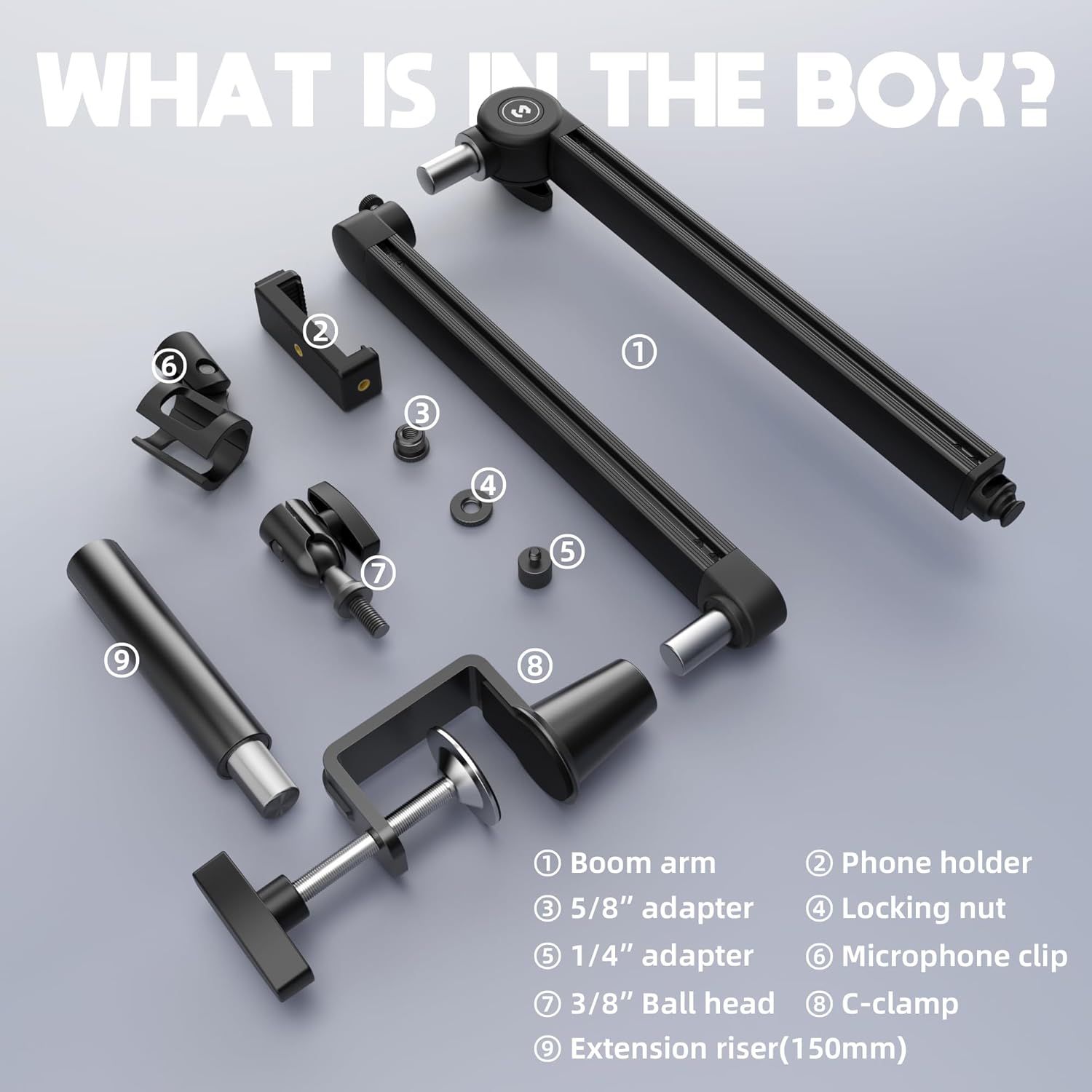 CMTECK Microphone Boom Arm, Low Profile 360° Adjustable Stick Microphone Arm Stand with Desk Mount Clamp, 5.91" Extended Riser, Screw Adapter, Cable Management, for Podcast Streaming Gaming Studio