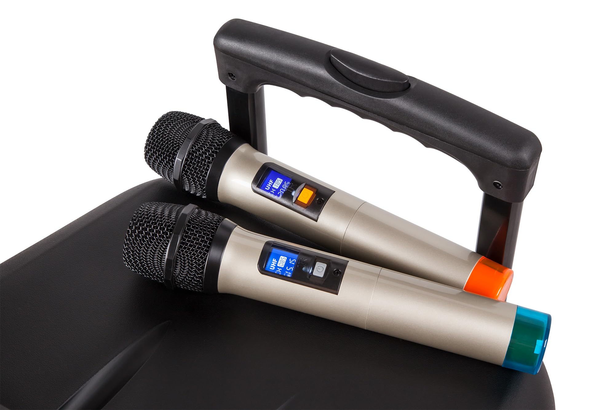 Aktywna kolumna głośnikowa Kruger&Matz KM1715 60 W z 2 mikrofonami bezprzewodowymi UHF, SD, Bluetooth, FM, USB, pilot bezprzewodowy, czarna