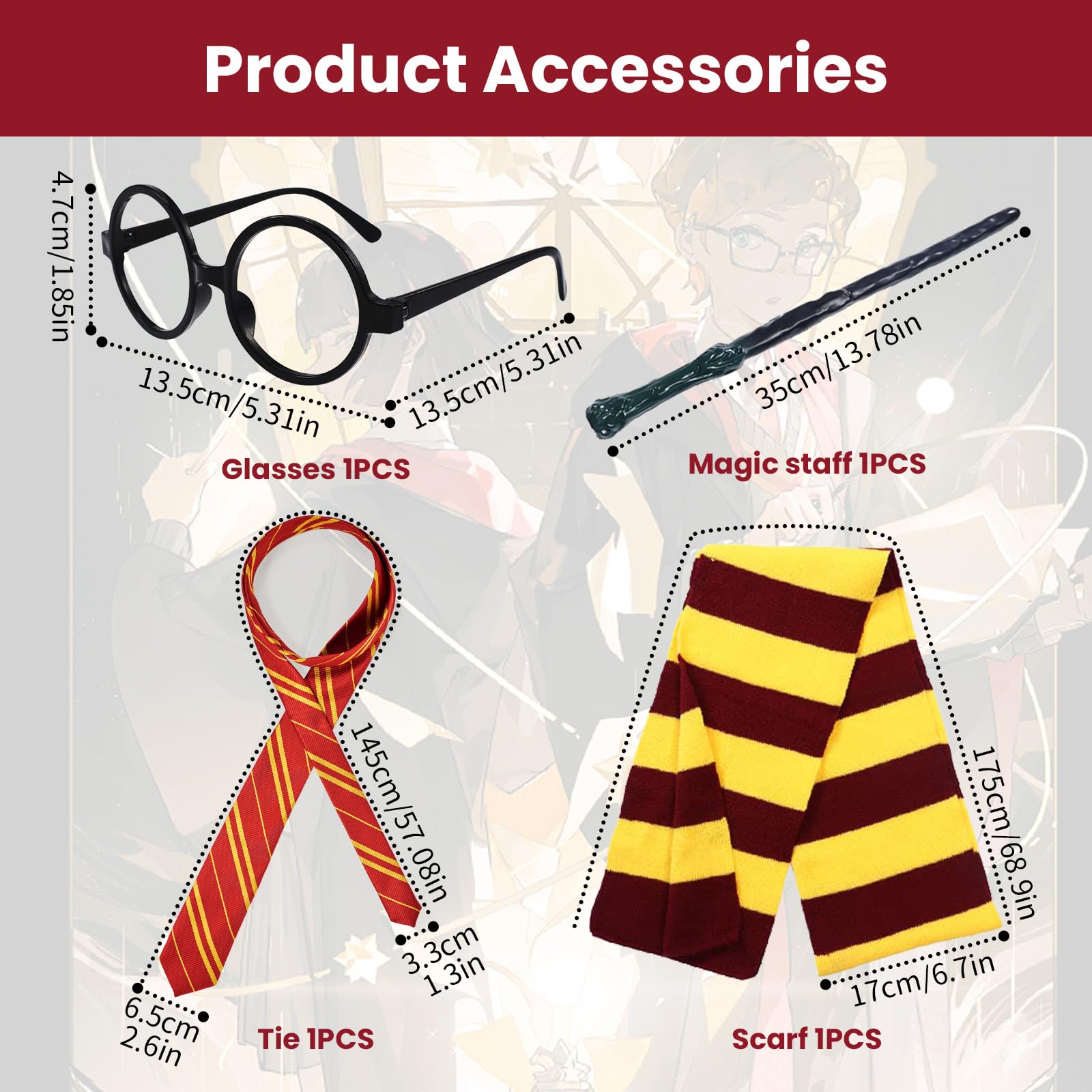 Kitimi Magic Robe, Umhang,4PCS Zauberer Cosplay Kostüm für Erwachsene,with Cape,Magic Wand,Glasses,Scarf,Tie,Halloween Wizard Costume for Cosplay,Carnival,Fancy Dress