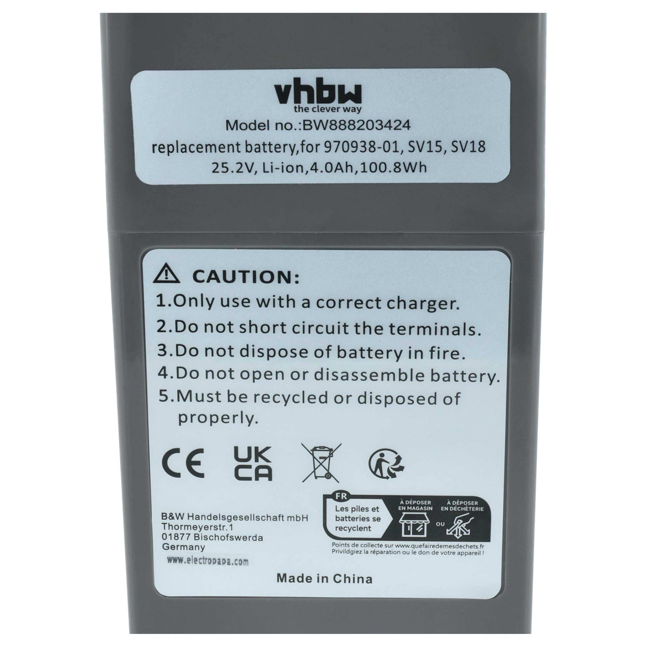 vhbw Batería Compatible con Dyson V15 Detect Total Clean SV22, V15s Submarine Robot Limpieza Gris Oscuro (4000 mAh, 25,2 V, Li-Ion)