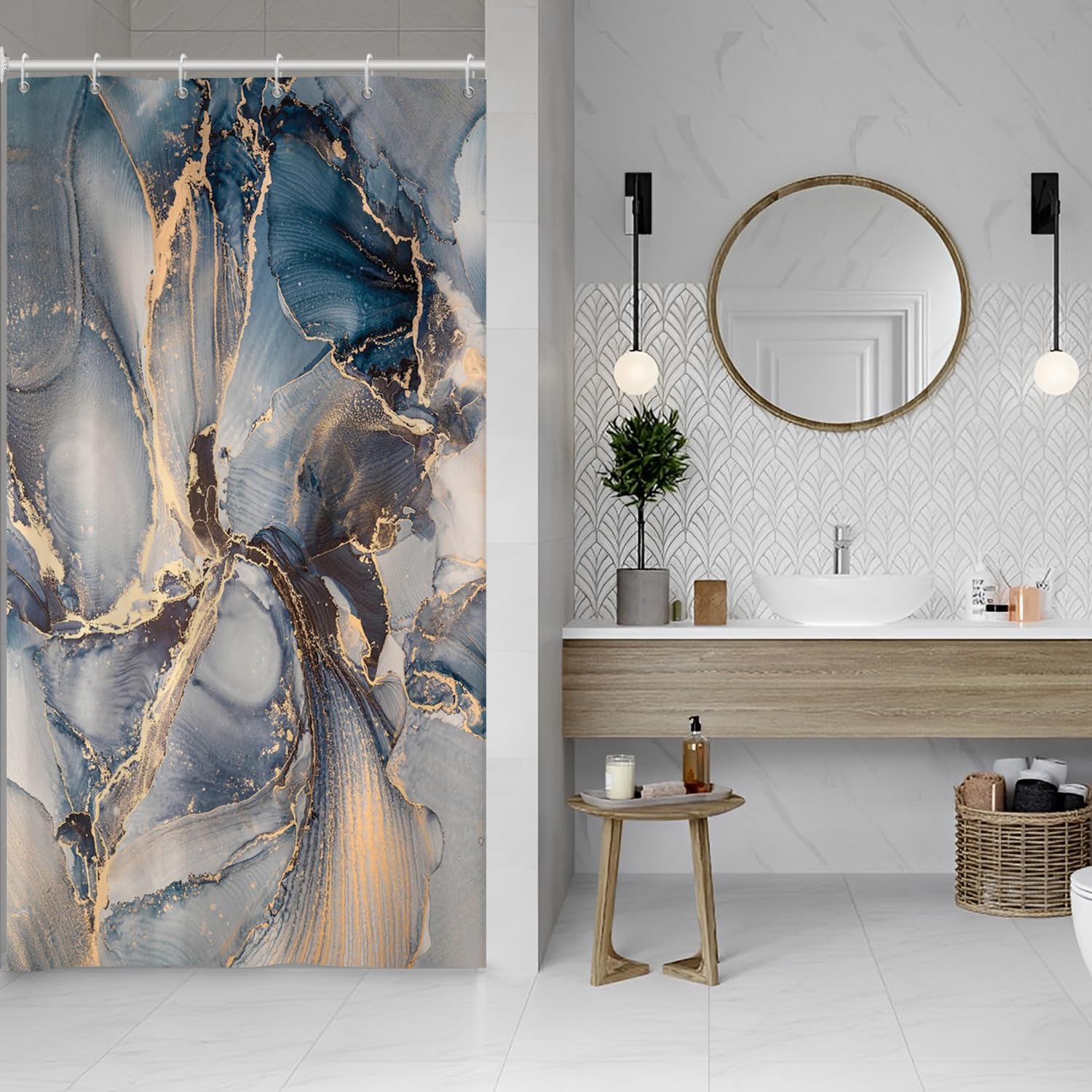 Rideau de douche gris foncé 91x183 cm en tissu avec crochets pour douche étroite