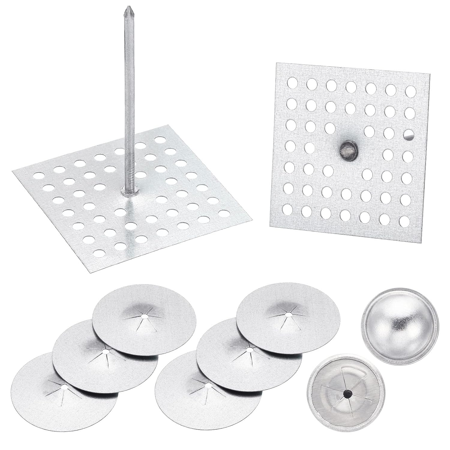 PATIKIL 300pcs Perforated Insulation Pins 2-1/2inch, 1.5in Self Locking Washers Round 7/8in Aluminum Insulation Hangers Cap Washers for Foam Board Wall Floor Ceiling, 100Set/300Pieces