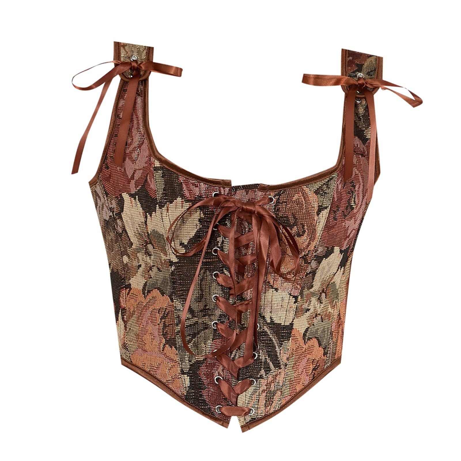 Generisch Corsetto classico in stile francese con allacciatura frontale, gilet modellante con stampa retrò dipinta a olio e design con cravatta a strati per donna (arancione, S)