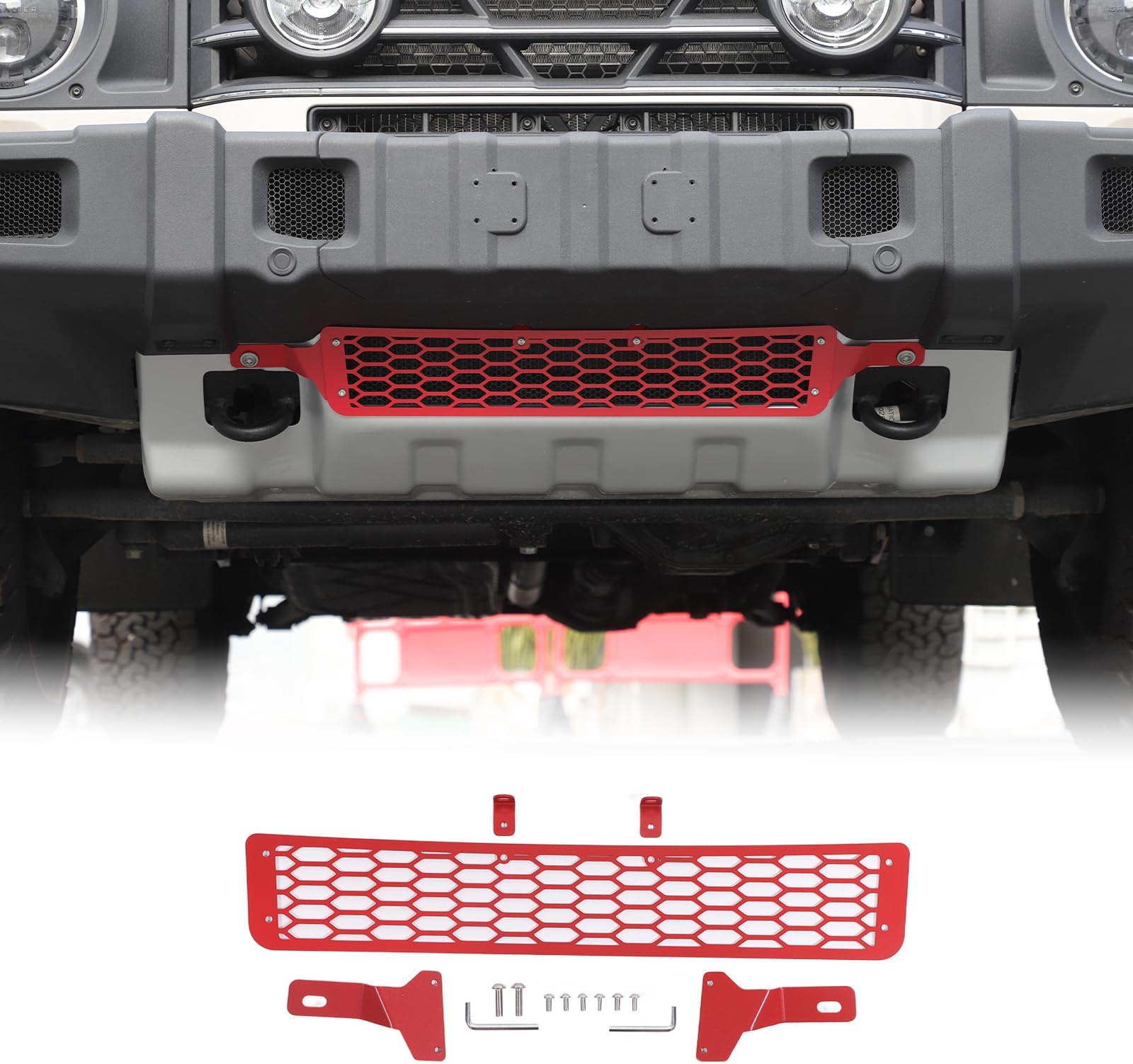 Car Front bumper Lower Grille proof net Compatible with Compatible with Ineos Grenadier 2020-2025 Front Insect Net Car Screenning Grill Mesh Protection Cover Accessories (carbon steel,Red)