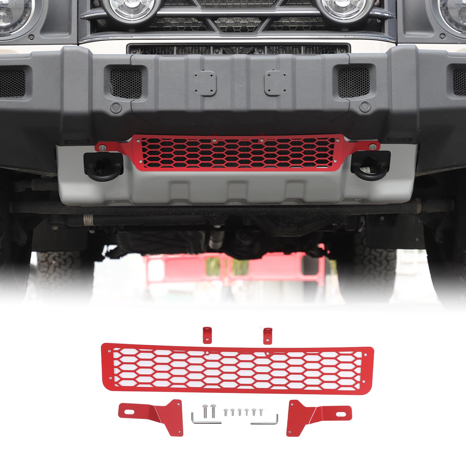 Car Front bumper Lower Grille proof net Compatible with Compatible with Ineos Grenadier 2020-2025 Front Insect Net Car Screenning Grill Mesh Protection Cover Accessories (carbon steel,Red)