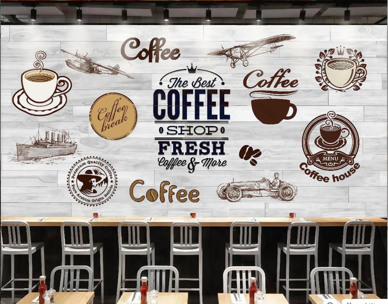 XDOUBAO Wallpaper Nostalgic Wooden Board Fashion Hand-Painted Coffee Theme Drink Shop Afternoon Tea Western Restaurant Background Wall Wallpaper Coffee Shop Mural,3D,300x210cm