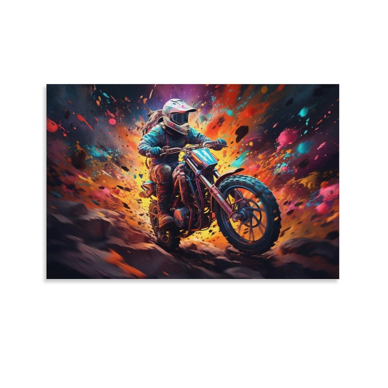 CPLVKWRQJ Bright Magical Colorful Single Piece Motocross Rider Colorful Explosion Framed Wall Art - Living Room Gallery Wall Focal Point Ready to Hang Decor 20x30inch(50x75cm)