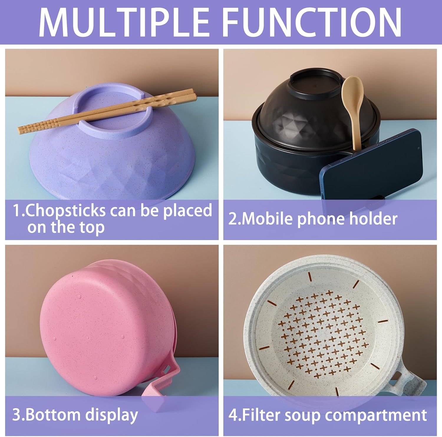 4 Sets 33 oz Microwave Ramen Cooker Set, Black, Beige, Pink, Purple image 3