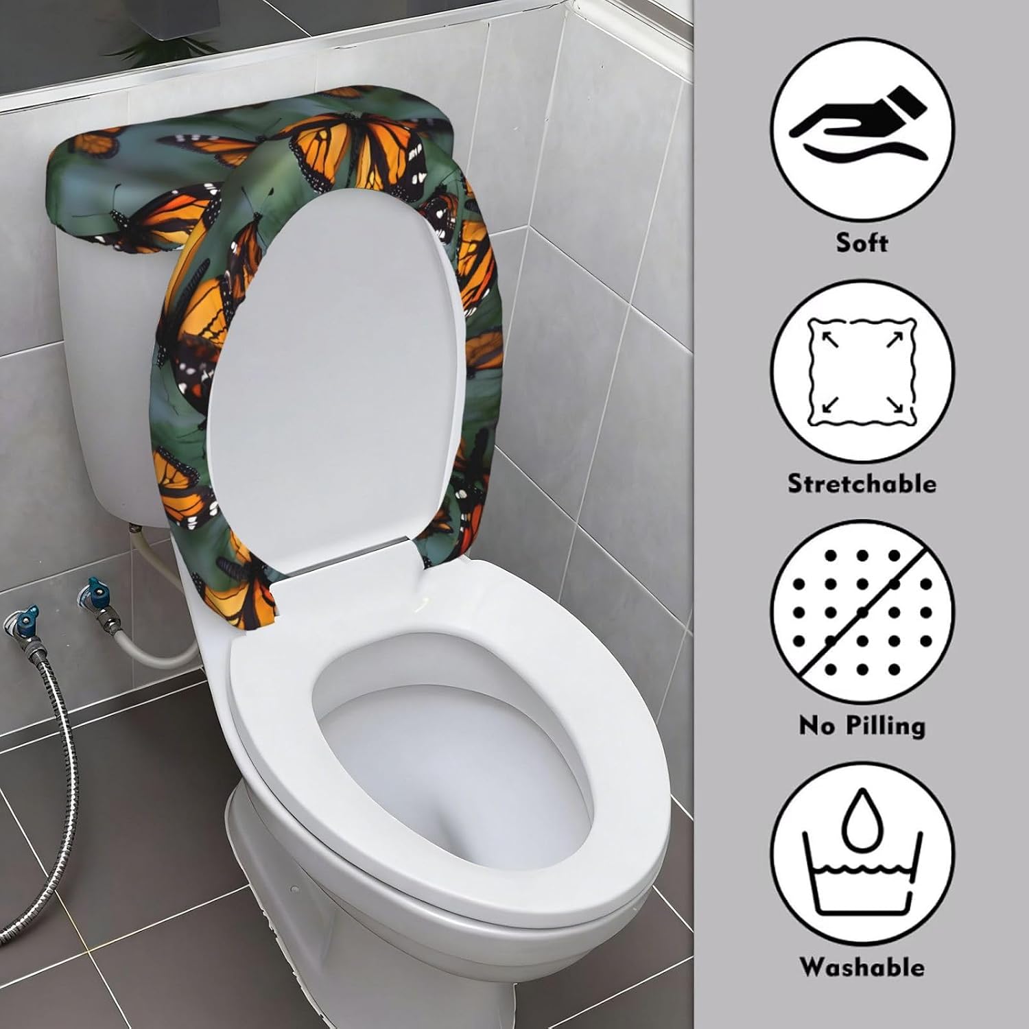 2 Pcs Monarch Butterflies Print Toilet Lid Cover And Toilet Tank Lid Cover Set, Soft Stretchable Bathroom Covers, Fits Round And Elongated Toilet Seats, Washable And Decorative