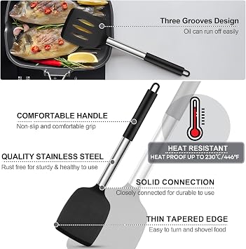 Joyfair 7 Pcs Kitchen Utensils Set for Cooking (Non Scratch, Black) | Healthy & Non-Stick Silicone, Stainless Steel Core, Thin Tapered Edge, Heat Resistant, Versatile Use, Dishwasher Safe