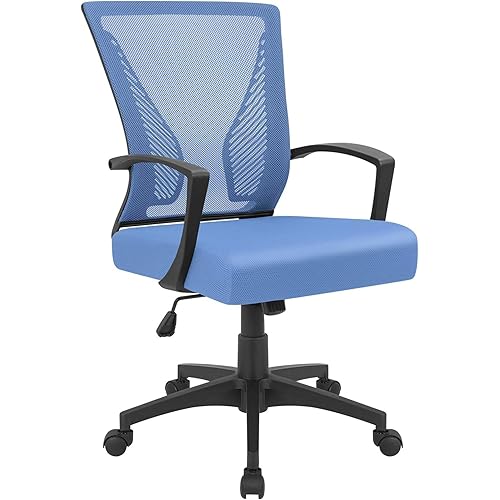 Furmax Office Chair Ergonomic Computer Desk Mesh Chair Mid Back Swivel Lumbar Support with Armrest (1, Blue)