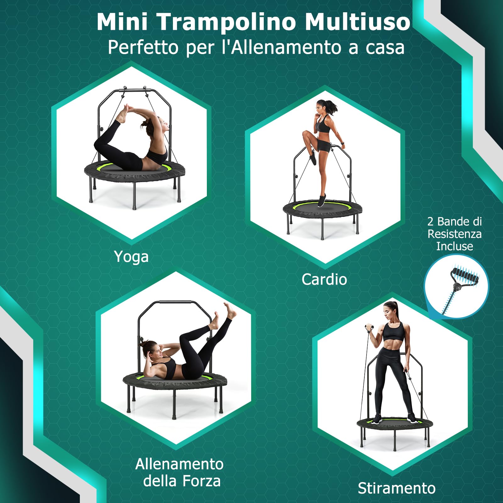 GYMAX Mini Trampolino Elastico Fitness, con 6 Supporti, 2 Cordini Elastici e Manubrio, Design Pieghevole e 4 Altezze Regolabili, Per Casa, Palestra, Blu